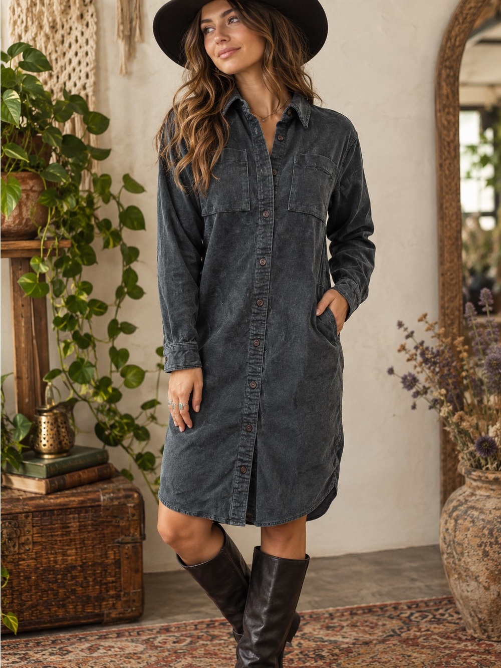 L.L. Bean Heritage Corduroy Shirt Dress Coal Dust Gray XS EarthTone Granola